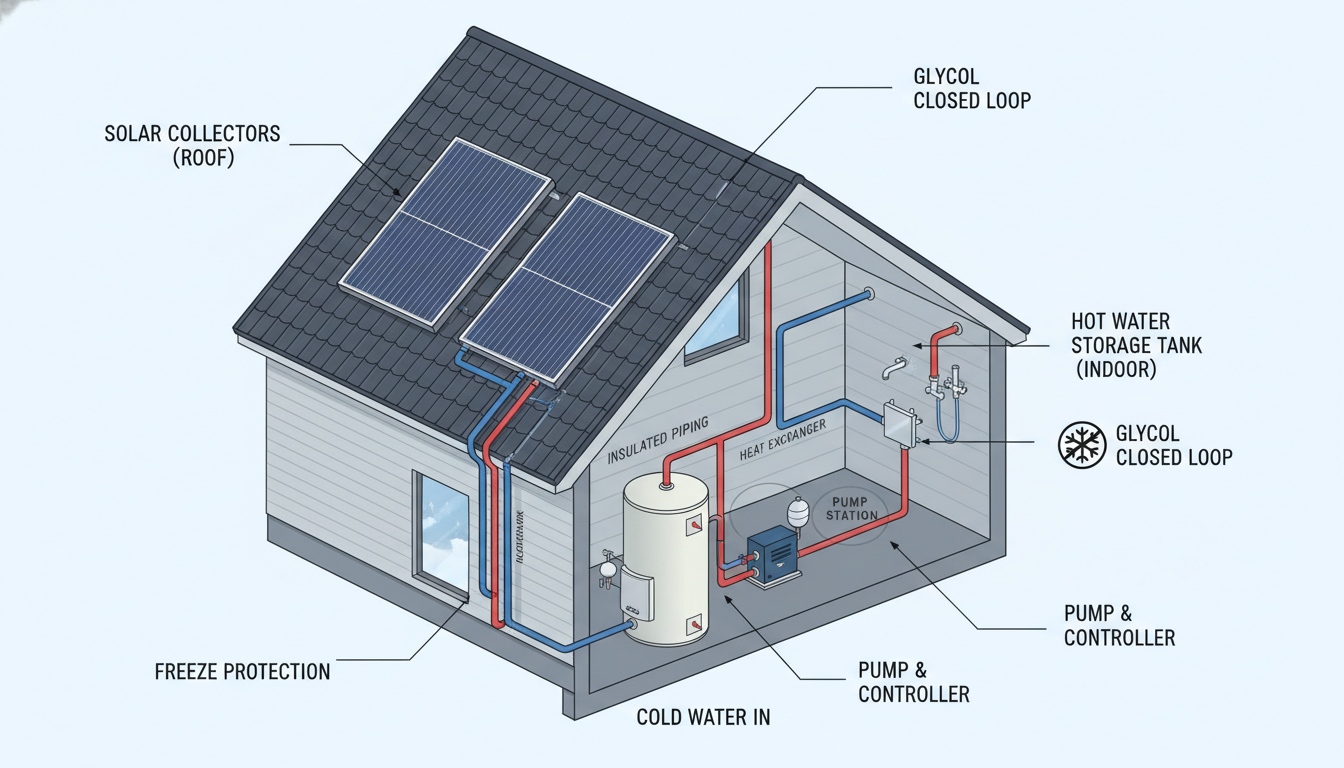 Split solar water heater with closed glycol loop, roof collectors, indoor storage tank, heat exchanger, pump station and freeze protection layout